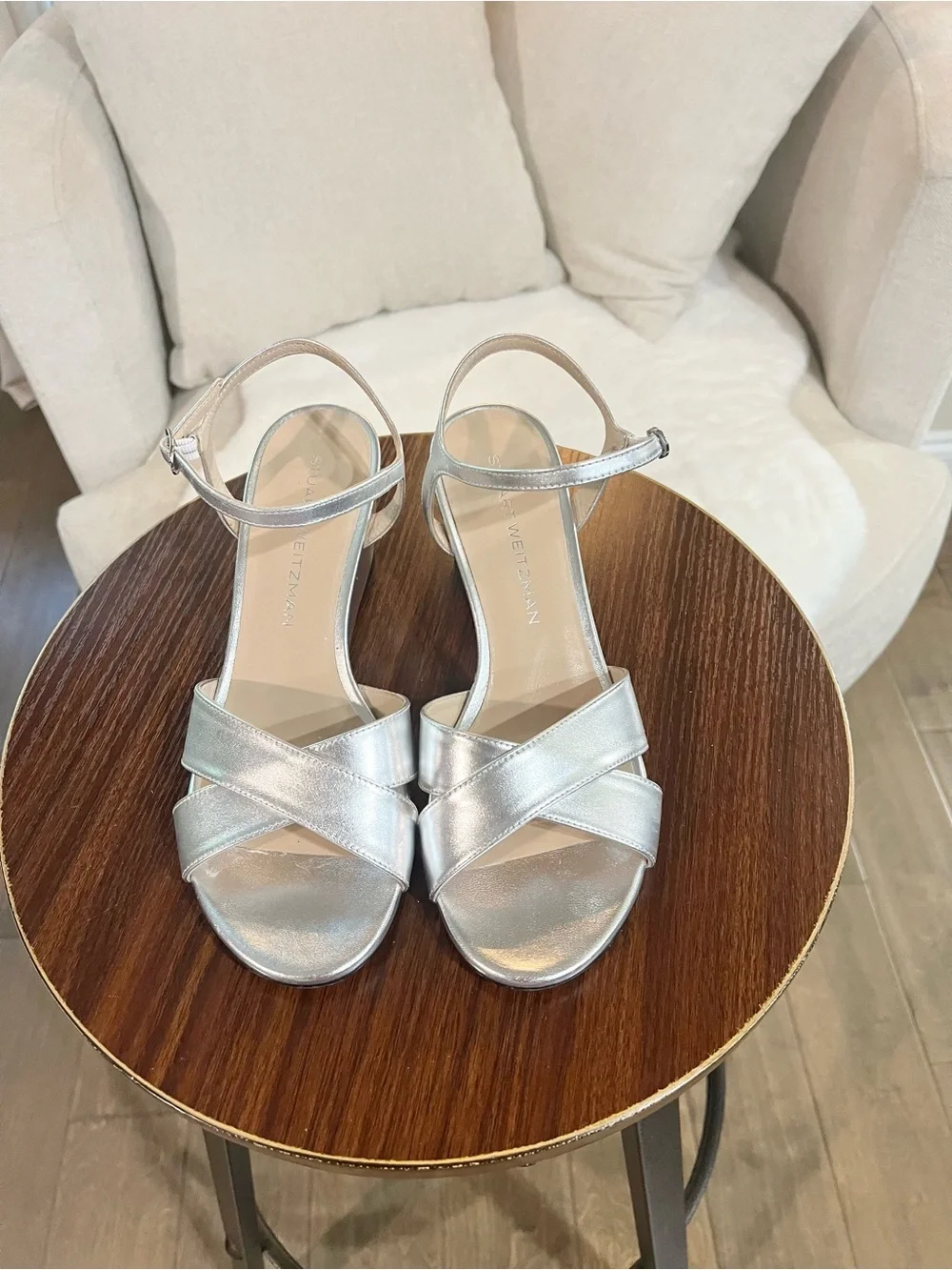 Stuart Weitzman silver metallic leather wedge sandals, size 9B